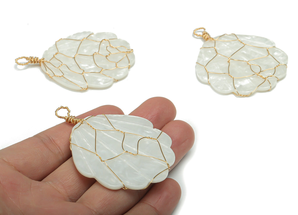 Acrylic Shell Earring Charms - Brass Wire Shell Pendant - Gold Brass Wire - Wire Wrapped - Color Code: A795 - 50.2x47.99x2.2mm -AC2414-A795 - DOMEDBAZAAR