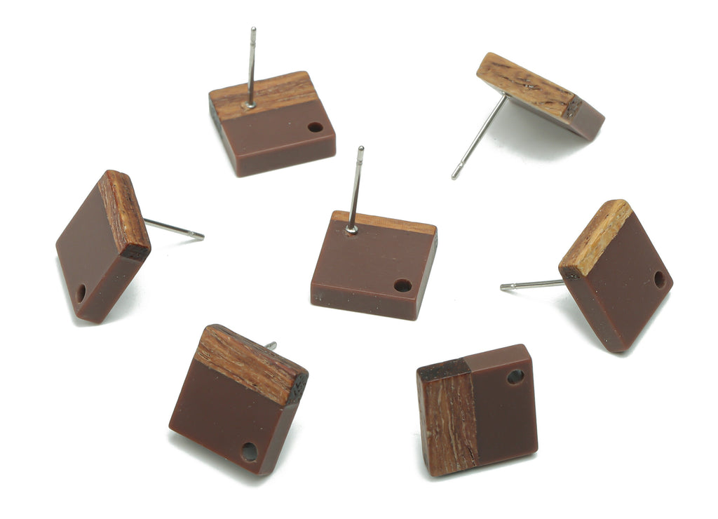 Natural Wood Square Earring Stud - Resin Square Post - 316 Surgical Stainless Steel - Jewelry Making Supplies - 11.96x11.88x3.52mm - BB1164B - DOMEDBAZAAR