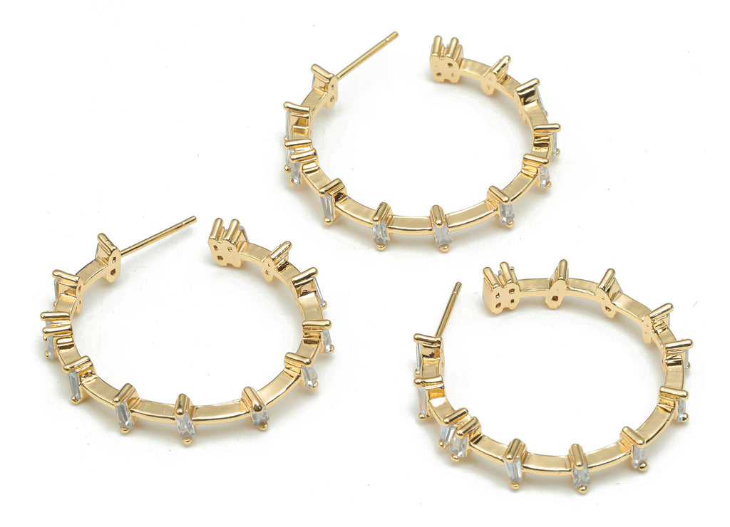 Brass C Hoop Earring Stud With Zincons - Gold C Chain Hoop Post - Stainless Steel Stud - 18k Real Gold Plated Brass - 30.6x30x3.5mm- RGP4347 - DOMEDBAZAAR