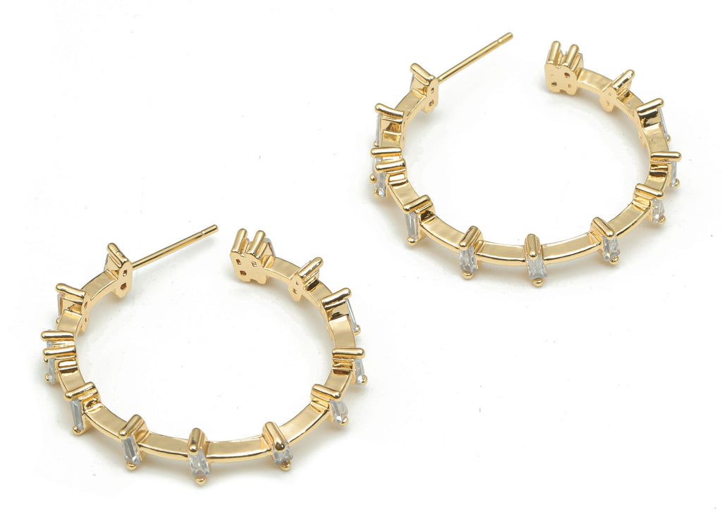Brass C Hoop Earring Stud With Zincons - Gold C Chain Hoop Post - Stainless Steel Stud - 18k Real Gold Plated Brass - 30.6x30x3.5mm- RGP4347 - DOMEDBAZAAR