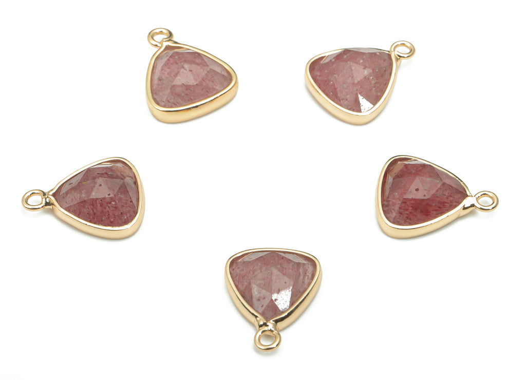 Strawberry Quartz Triangle Earring Charms - Brass Triangle Pendant - Faceted Natural Stone - Gold Tone Plated Brass – 13.95x11x4mm – NS1662 - DOMEDBAZAAR