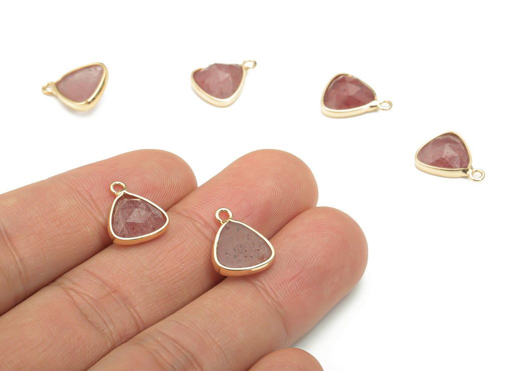 Strawberry Quartz Triangle Earring Charms - Brass Triangle Pendant - Faceted Natural Stone - Gold Tone Plated Brass – 13.95x11x4mm – NS1662 - DOMEDBAZAAR