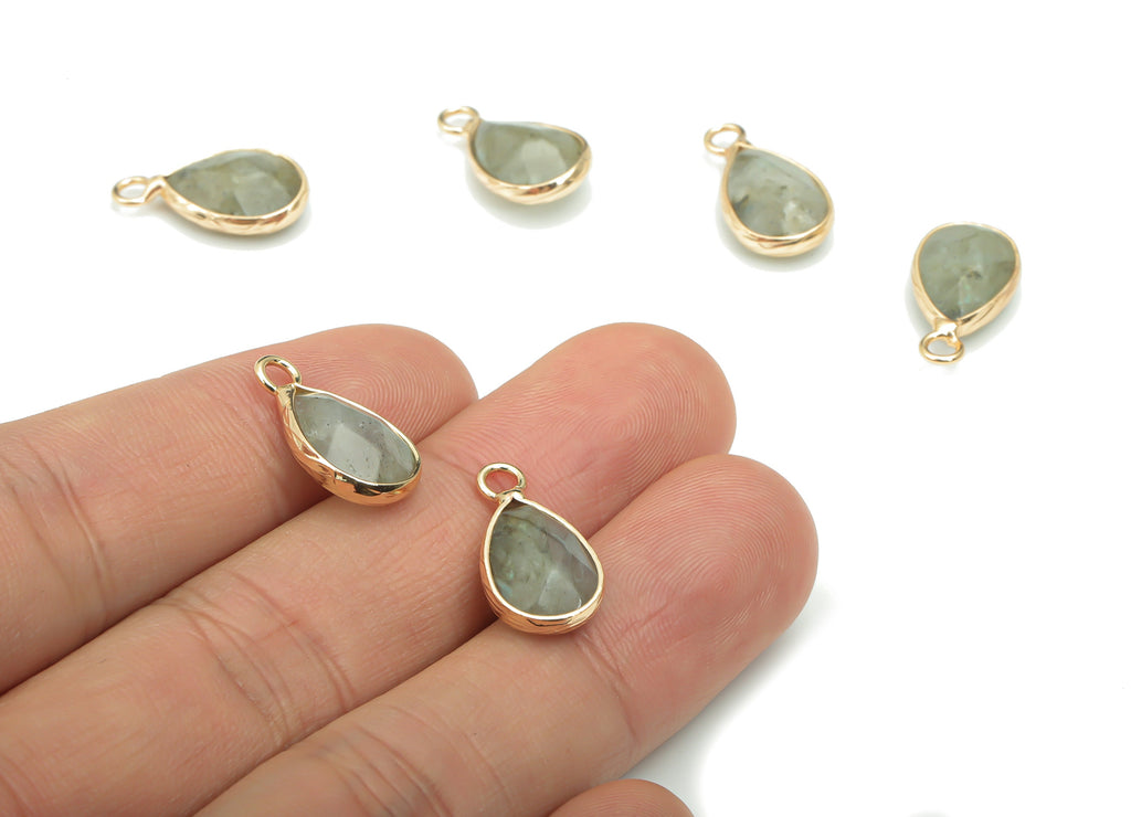 Labradorite Faceted Natural Stone Drop Charms - Brass Teardrop Pendant - Gold Tone Plated Brass – Jewelry Supplies - 17.83x9.5x5mm – NS1626F - DOMEDBAZAAR