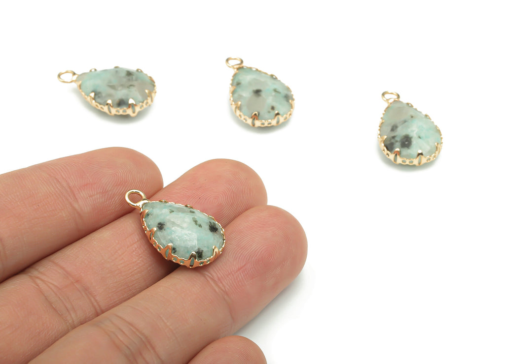 Kiwi Jasper Faceted Natural Stone Teardrop Charms - Brass Drop Pendant - Gold Tone Plated Brass – Jewelry Supplies - 23.1x13.9x5.6mm–NS1636H - DOMEDBAZAAR