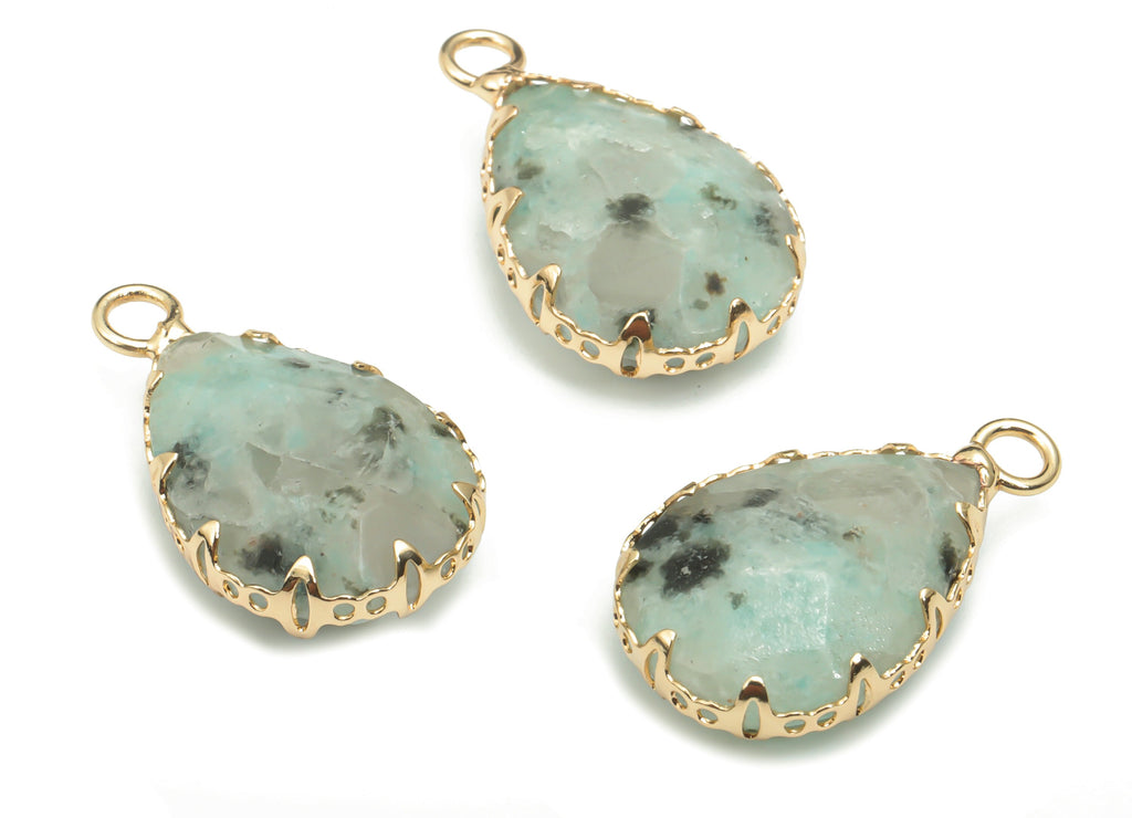 Kiwi Jasper Faceted Natural Stone Teardrop Charms - Brass Drop Pendant - Gold Tone Plated Brass – Jewelry Supplies - 23.1x13.9x5.6mm–NS1636H - DOMEDBAZAAR