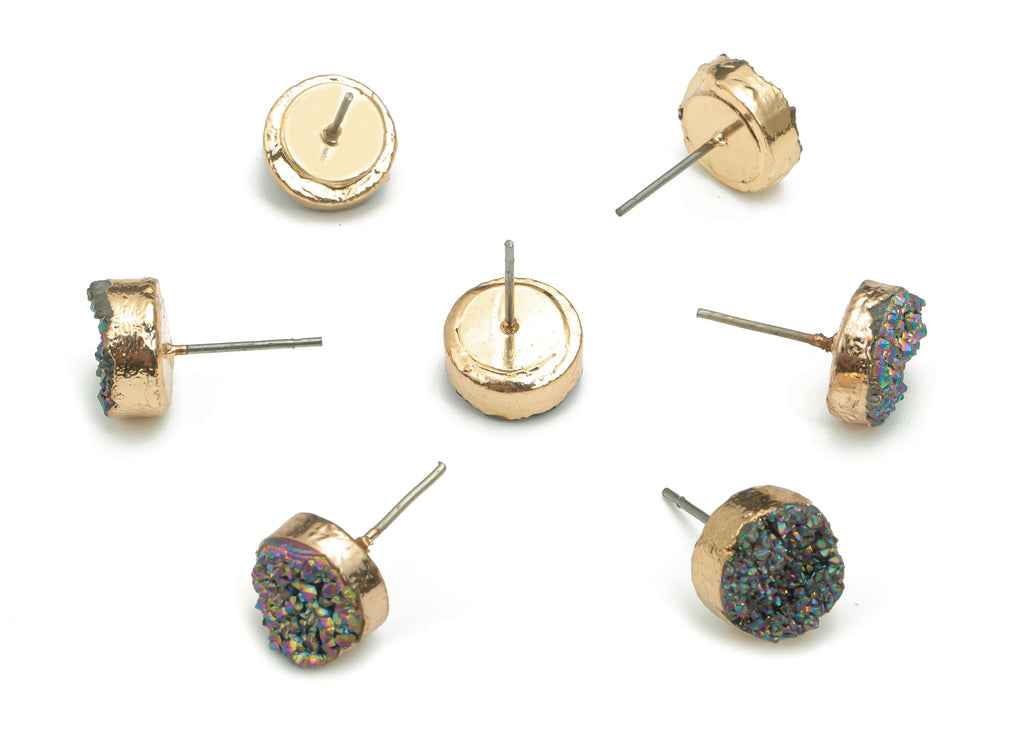 Silver Druzy Aura Quartz Natural Stone Stud - Brass Round Post - Gold Tone Plated Brass – Stainless Steel Stud - 10.14x10.14x5.9mm–NS1629E - DOMEDBAZAAR