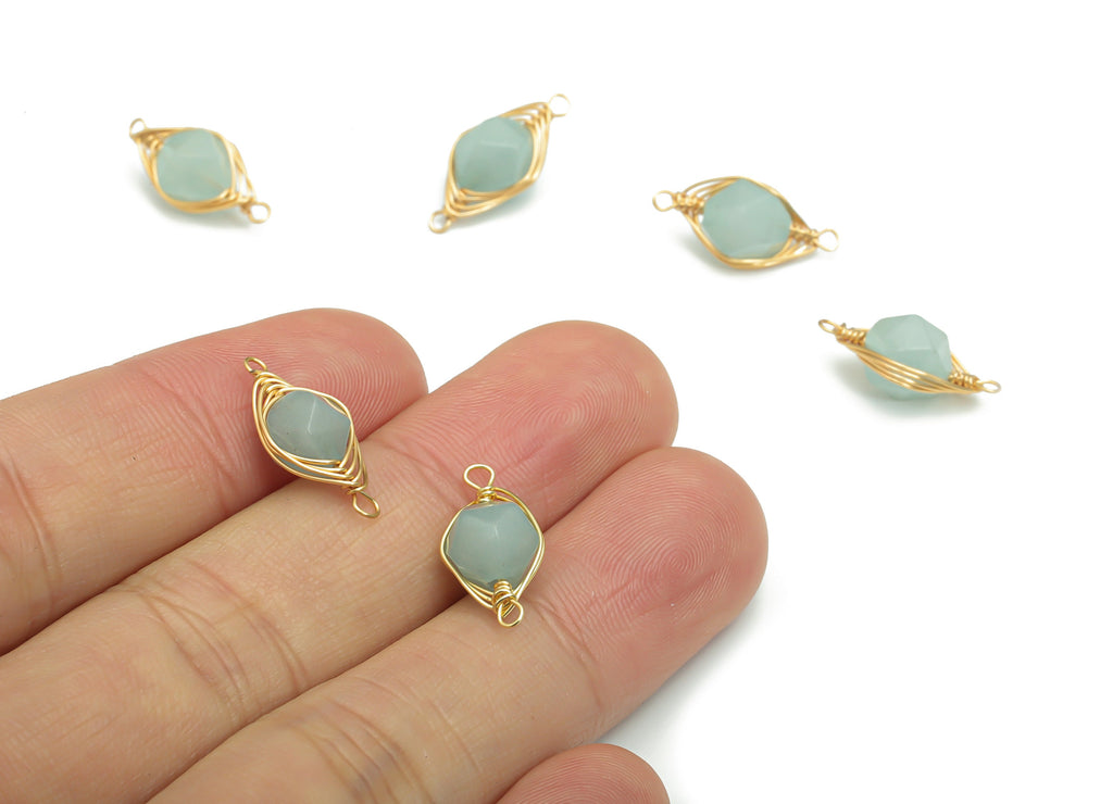 Blue Jade Faceted Natural Stone Earring Connectors - Brass Wire Wrapped Stone Charms - Gold Tone Plated Brass – 17.45x7.9x7.1mm – NS1653E - DOMEDBAZAAR