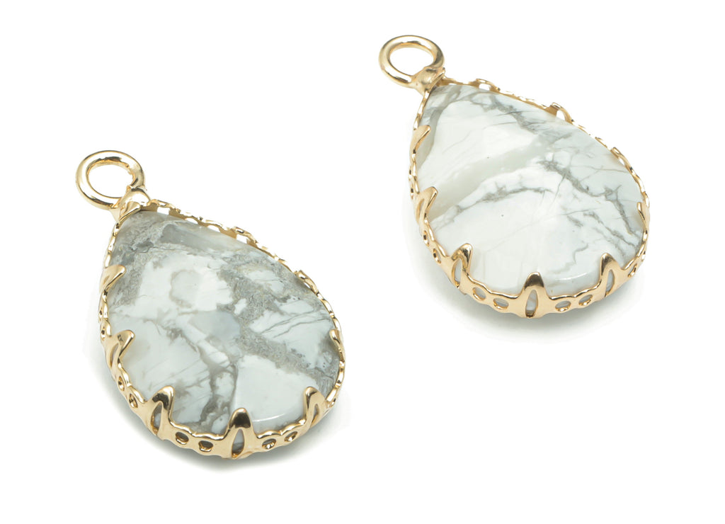 Howlite Faceted Natural Stone Teardrop Charms - Brass Drop Pendant - Gold Tone Plated Brass – Jewelry Supplies - 23.14x13.93x5.6mm – NS1636E - DOMEDBAZAAR