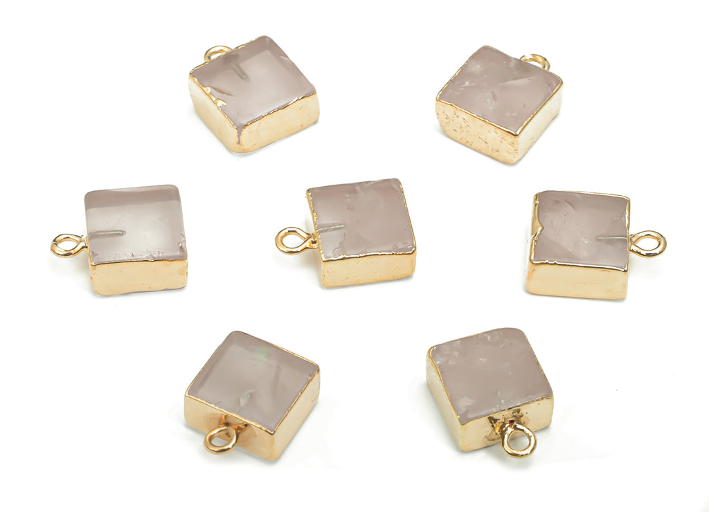 Rose Quartz Natural Stone Earring Charms - Brass Square Pendant - Gold Tone Plated Brass – Jewelry Supplies - 13.53x10.2x4.88mm – NS1634 - DOMEDBAZAAR