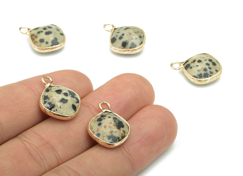 Dalmatian Jasper Faceted Natural Stone Charms - Brass Diamond Pendant - Gold Tone Plated Brass – Jewelry Supplies - 19.3x15.3x6.3mm– NS1637H - DOMEDBAZAAR