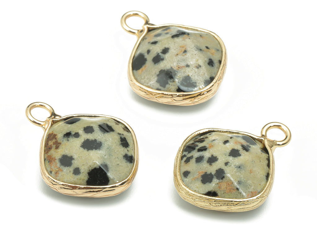 Dalmatian Jasper Faceted Natural Stone Charms - Brass Diamond Pendant - Gold Tone Plated Brass – Jewelry Supplies - 19.3x15.3x6.3mm– NS1637H - DOMEDBAZAAR
