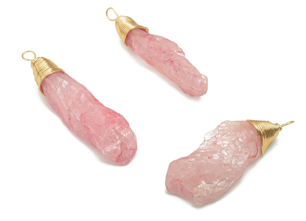 Pink Aura Quartz Stone Earring Charms - Brass Wire Wrapped Stone Pendant - Natural Stone - Gold Tone Plated Brass – 54.1x16.1x15.3mm– NS1649 - DOMEDBAZAAR