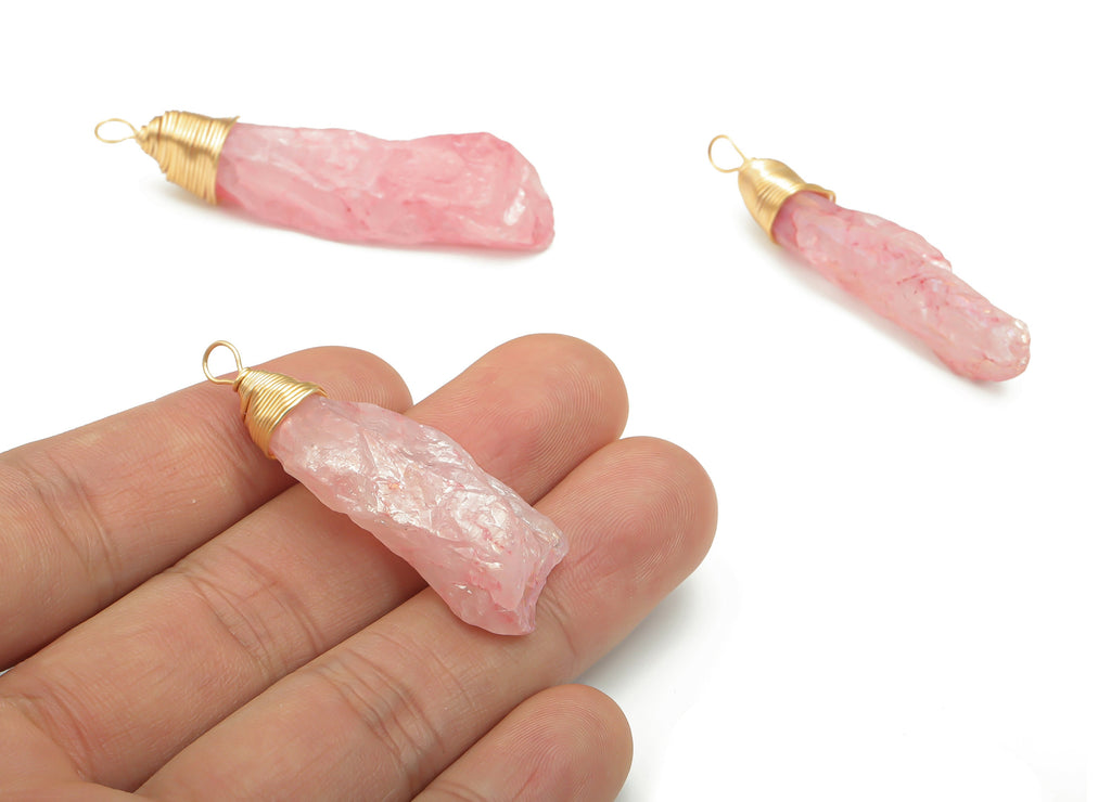 Pink Aura Quartz Stone Earring Charms - Brass Wire Wrapped Stone Pendant - Natural Stone - Gold Tone Plated Brass – 54.1x16.1x15.3mm– NS1649 - DOMEDBAZAAR