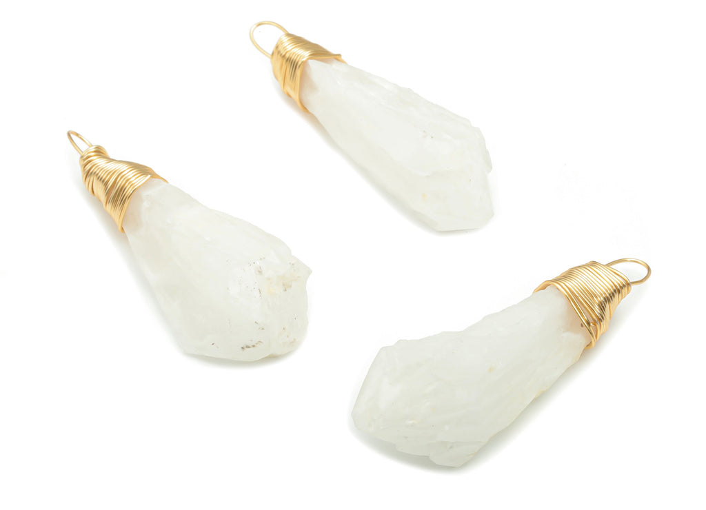 Snow Quartz Natural Stone Earring Charms - Brass Wire Wrapped Stone Pendant - Gold Tone Plated Brass – 52.73x19.19x14.77mm – NS1651 - DOMEDBAZAAR