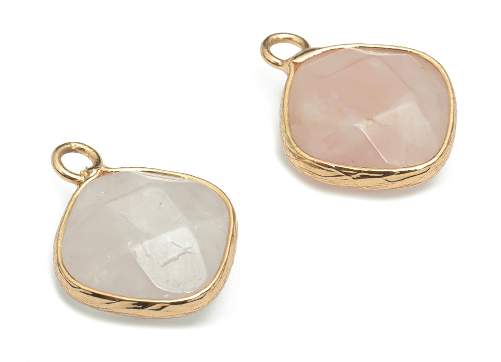 Rose Quartz Faceted Natural Stone Charms - Brass Diamond Pendant - Gold Tone Plated Brass – Jewelry Supplies - 19.3x15.34x6.28mm – NS1637A - DOMEDBAZAAR