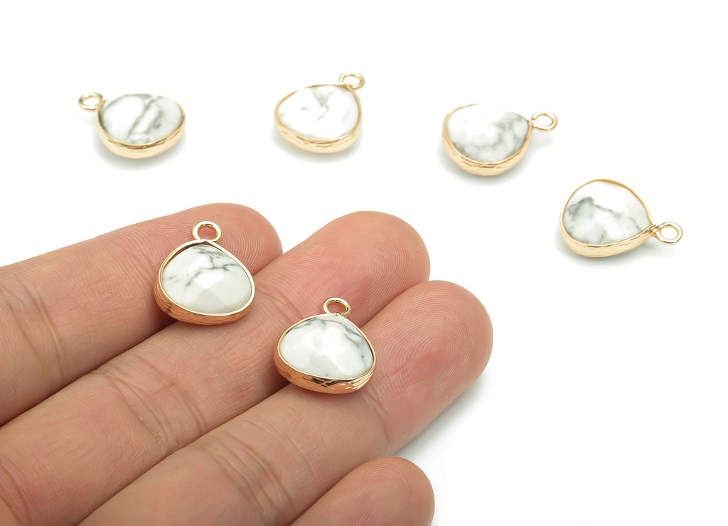 Howlite Faceted Natural Stone Triangle Earring Charms - Brass Triangle Pendant - Gold Tone Plated Brass – 17.82x13.5x6.06mm – NS1638D - DOMEDBAZAAR