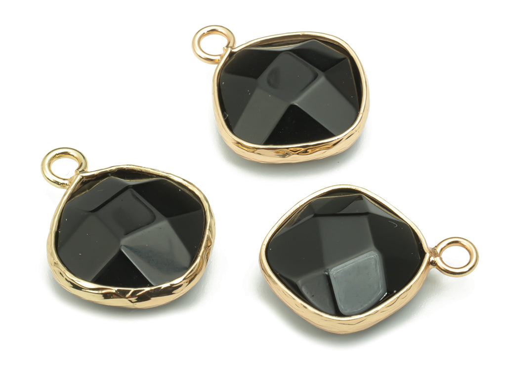 Obsidian Faceted Natural Stone Earring Charms - Brass Diamond Pendant - Gold Tone Plated Brass – Jewelry Supplies - 19.3x15.3x6.3mm– NS1637D - DOMEDBAZAAR