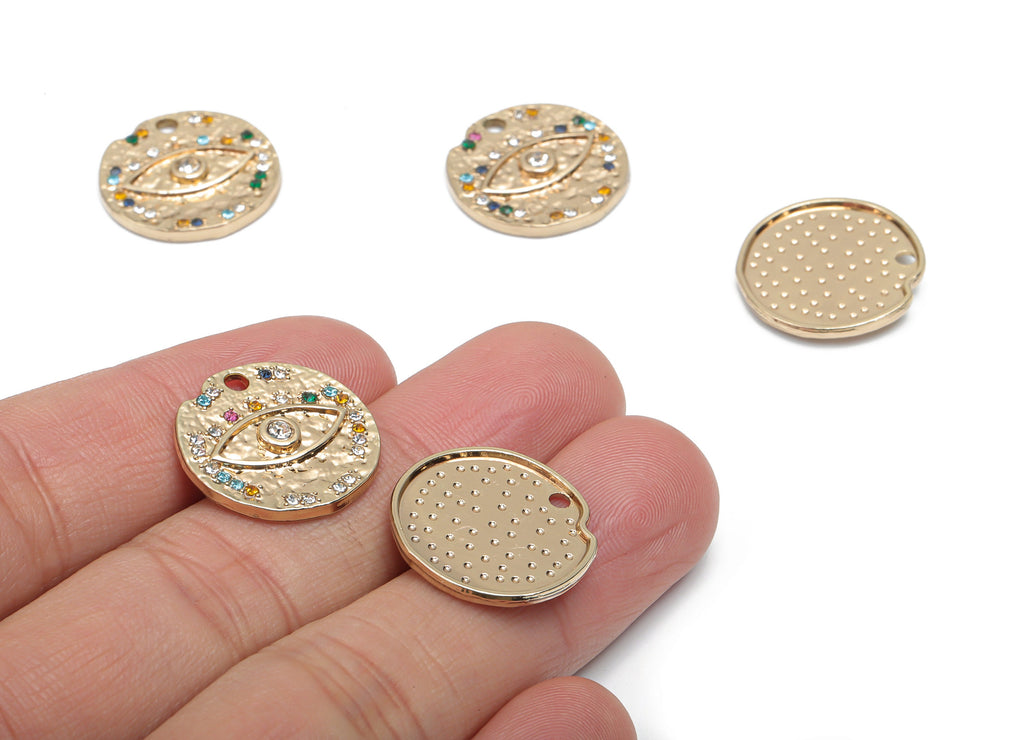 Zinc Alloy Hammered Round Eye Charms - Glass Circle Eye Pendant - Gold Tone Plated Alloy - Jewelry Supplies - 18.82x18.82x2.32mm - ZZ2017 - DOMEDBAZAAR