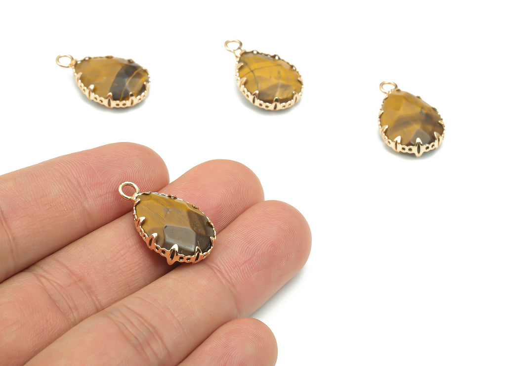 Tiger eye Faceted Natural Stone Teardrop Charms - Brass Drop Pendant - Gold Tone Plated Brass – Jewelry Supplies - 23.14x13.9x5.6mm– NS1636A - DOMEDBAZAAR