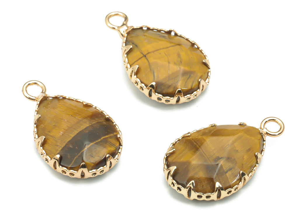 Tiger eye Faceted Natural Stone Teardrop Charms - Brass Drop Pendant - Gold Tone Plated Brass – Jewelry Supplies - 23.14x13.9x5.6mm– NS1636A - DOMEDBAZAAR