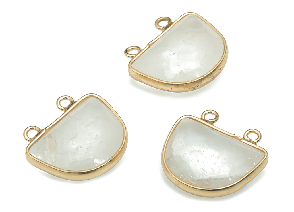 Clear Quartz Faceted Natural Stone Domed Earring Connectors - Brass Semicircle Pendant - Gold Tone Plated Brass – 16.86x17.6x6.5mm – NS1658A - DOMEDBAZAAR