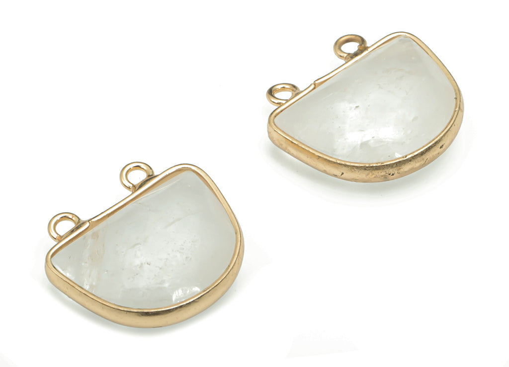 Clear Quartz Faceted Natural Stone Domed Earring Connectors - Brass Semicircle Pendant - Gold Tone Plated Brass – 16.86x17.6x6.5mm – NS1658A - DOMEDBAZAAR