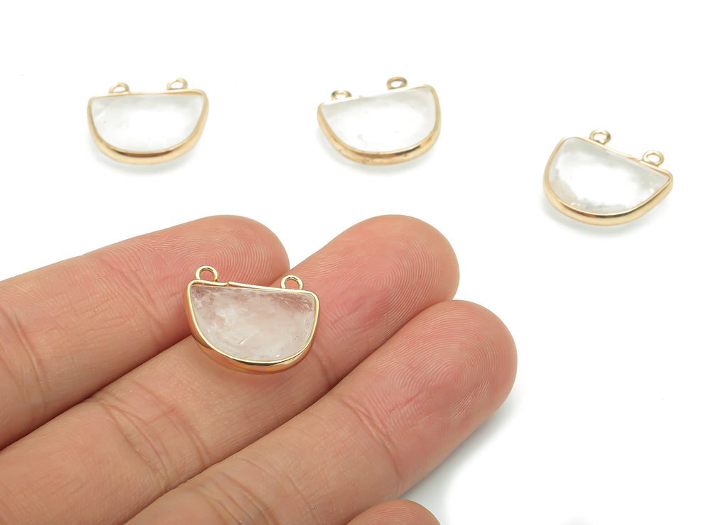 Clear Quartz Faceted Natural Stone Domed Earring Connectors - Brass Semicircle Pendant - Gold Tone Plated Brass – 16.86x17.6x6.5mm – NS1658A - DOMEDBAZAAR