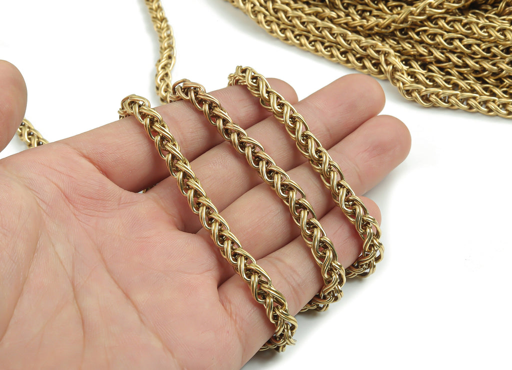 Brass Wheat Chain - 9*5.4mm Raw Brass Wheat Chain - Textured Rope Chain - Knitted Chain Jewellery Making - 0.35&quot; x 0.21&quot; x 0.04&quot;- CC1218 - DOMEDBAZAAR