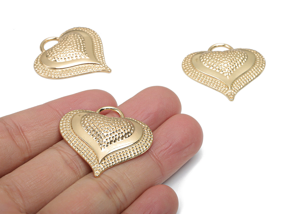 Zinc Alloy Hammered Heart Earring Charms - Alloy Heart Pendant - Gold Tone Plated Alloy - Jewelry Making Supplies - 34x33.83x2.68mm - ZZ1986 - DOMEDBAZAAR