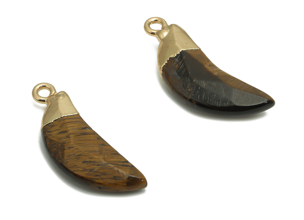 Tiger Stone Crescent Charms - Brass Moon Pendant - Natural Stone - Gold Tone Plated Brass – Jewelry Supplies - 26.71x9.58x4.71mm – NS1598B - DOMEDBAZAAR