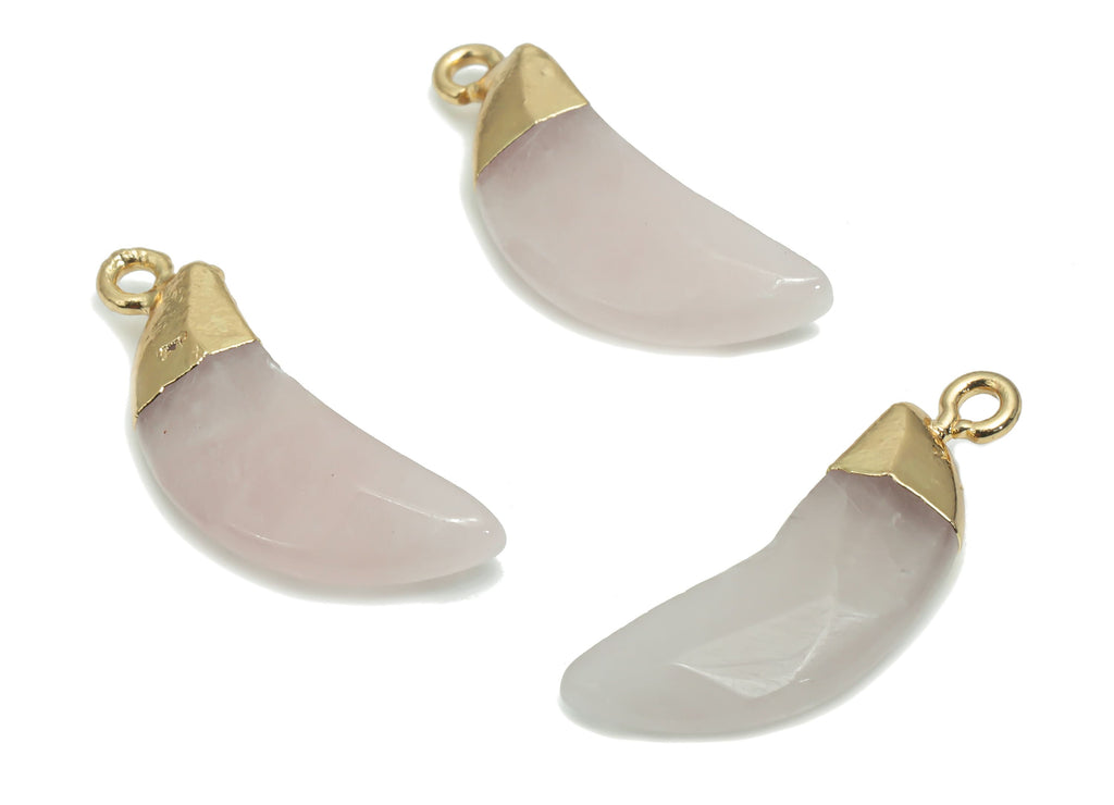Rose Crystal Quartz Crescent Earring Charms - Brass Moon Pendant - Natural Stone - Gold Tone Plated Brass – 26.71x9.58x4.71mm – NS1598C - DOMEDBAZAAR