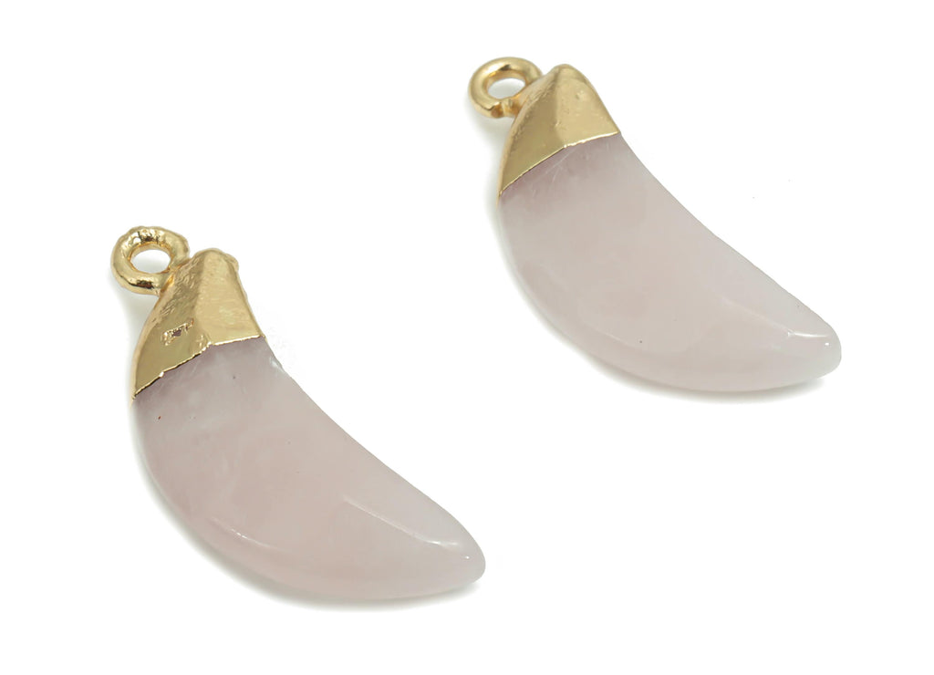Rose Crystal Quartz Crescent Earring Charms - Brass Moon Pendant - Natural Stone - Gold Tone Plated Brass – 26.71x9.58x4.71mm – NS1598C - DOMEDBAZAAR