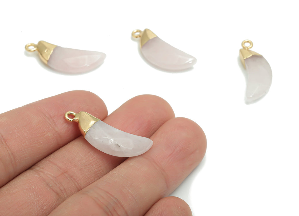 Rose Crystal Quartz Crescent Earring Charms - Brass Moon Pendant - Natural Stone - Gold Tone Plated Brass – 26.71x9.58x4.71mm – NS1598C - DOMEDBAZAAR