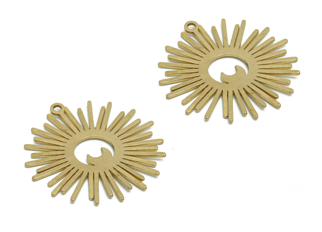 Brass Crescent Sun Earring Charms - Raw Brass Moon Sun Pendant - Jewellery Making Supplies - 37.05x35.35x0.9mm - PPZ0144 - DOMEDBAZAAR