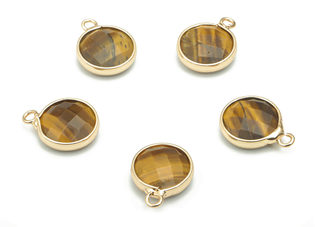Tiger eye Faceted Natural Stone Round Charms - Brass Circle Pendant - Gold Tone Plated Brass – Jewelry Supplies - 14.3x10.99x4.3mm – NS1661B - DOMEDBAZAAR