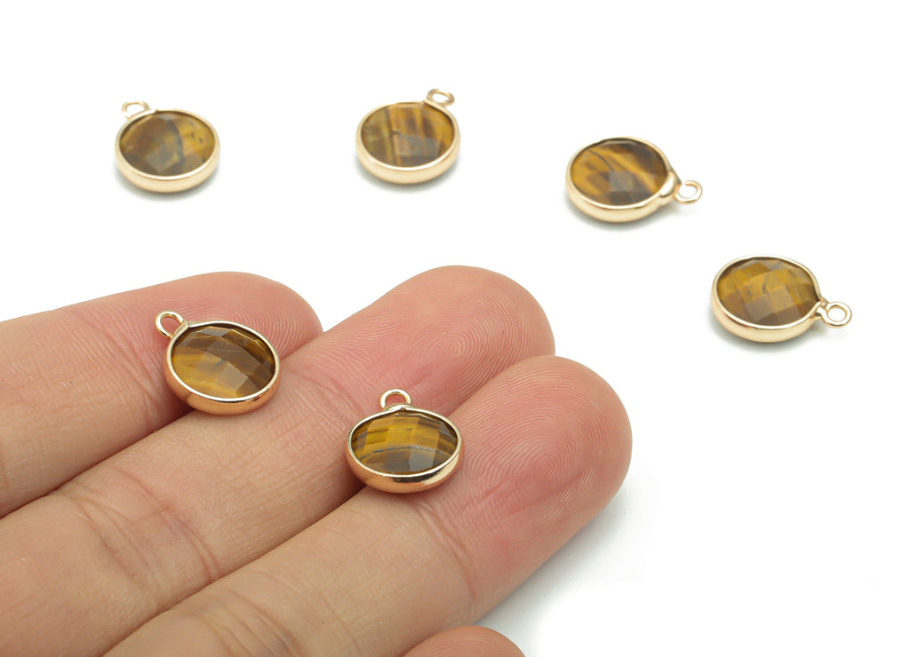 Tiger eye Faceted Natural Stone Round Charms - Brass Circle Pendant - Gold Tone Plated Brass – Jewelry Supplies - 14.3x10.99x4.3mm – NS1661B - DOMEDBAZAAR