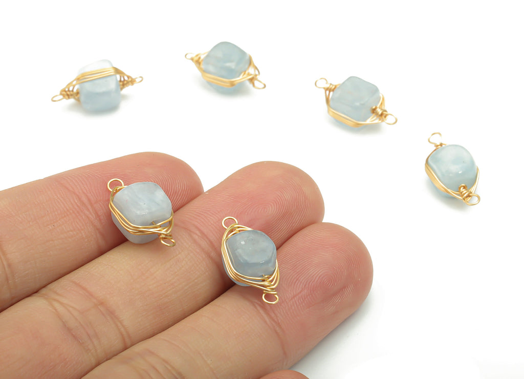 Blue Lace Agate Faceted Natural Stone Connectors - Brass Wire Wrapped Stone Bracelet - Gold Tone Plated Brass – 16.51x8.24x7.13mm – NS1653C - DOMEDBAZAAR