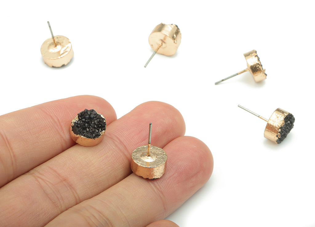 Black Druzy Aura Quartz Natural Stone Stud - Brass Round Post - Gold Tone Plated Brass – Stainless Steel Stud - 10.14x10.14x5.89mm – NS1629C - DOMEDBAZAAR