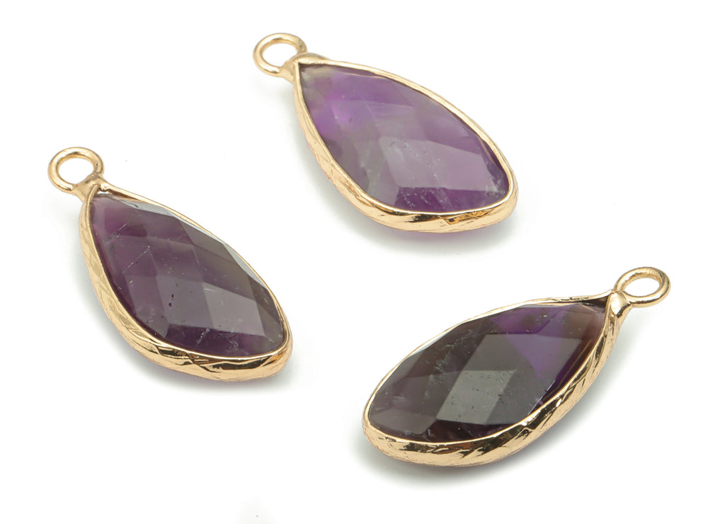 Amethyst Faceted Natural Stone Charms - Brass Geometry Pendant - Gold Tone Plated Brass – Jewelry Supplies - 24.86x14.41x6.54mm – NS1627B - DOMEDBAZAAR