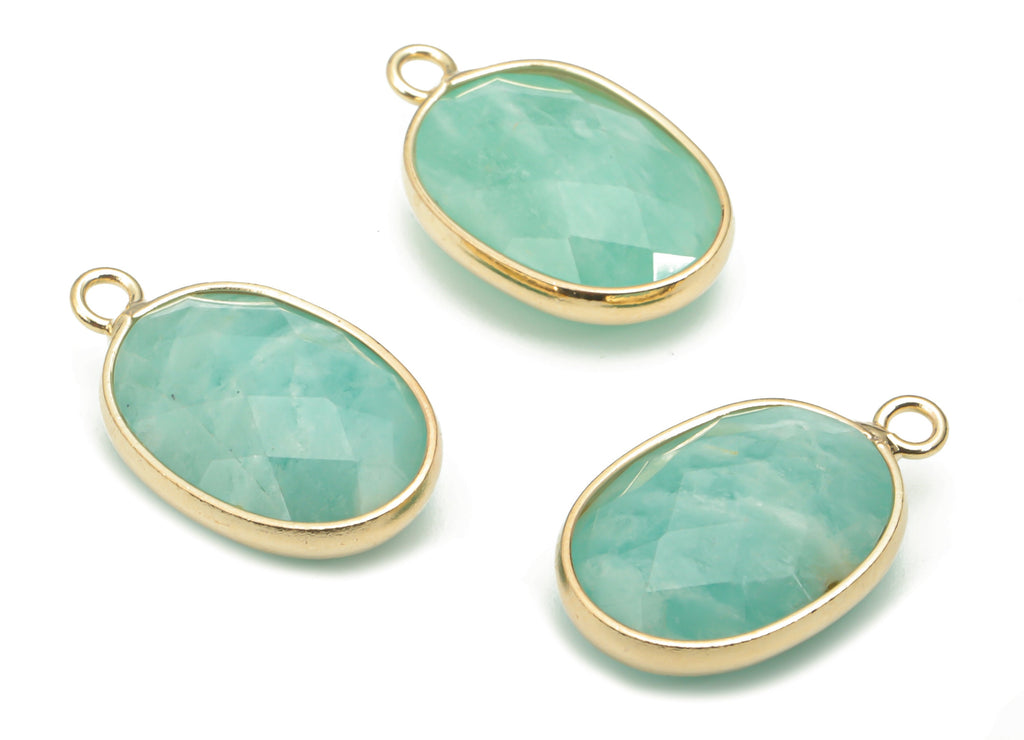 Amazonite Faceted Natural Stone Oval Charms - Brass Oval Pendant - Gold Tone Plated Brass – Jewelry Supplies - 18.07x11.09x5.61mm – NS1659A - DOMEDBAZAAR