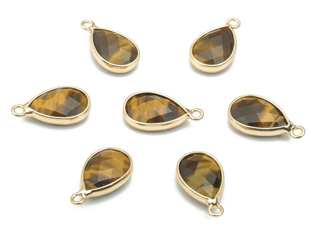 Tiger eye Faceted Natural Stone Teardrop Charms - Brass Drop Pendant - Gold Tone Plated Brass – Jewelry Supplies - 15.99x9.14x4.4mm– NS1660B - DOMEDBAZAAR