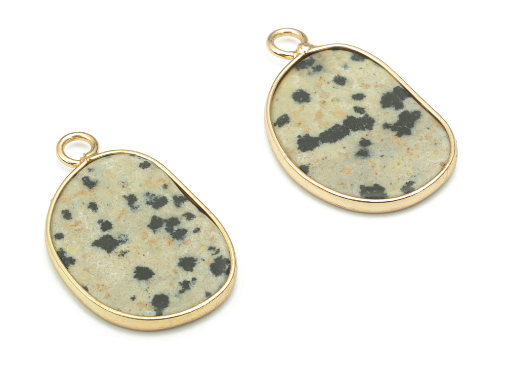 Dalmatian Jasper Natural Stone Bean Charms - Brass Irregular Pendant - Gold Tone Plated Brass – Jewelry Supplies - 24.8x15.2x2.1mm – NS1657C - DOMEDBAZAAR