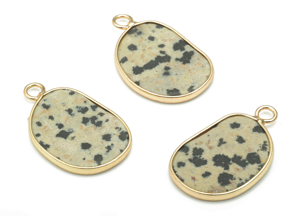 Dalmatian Jasper Natural Stone Bean Charms - Brass Irregular Pendant - Gold Tone Plated Brass – Jewelry Supplies - 24.8x15.2x2.1mm – NS1657C - DOMEDBAZAAR