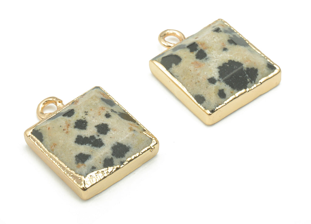 Dalmatian Jasper Natural Stone Square Charms - Brass Square Pendant - Gold Tone Plated Brass – Jewelry Supplies - 15.05x11.76x3.95mm–NS1641A - DOMEDBAZAAR