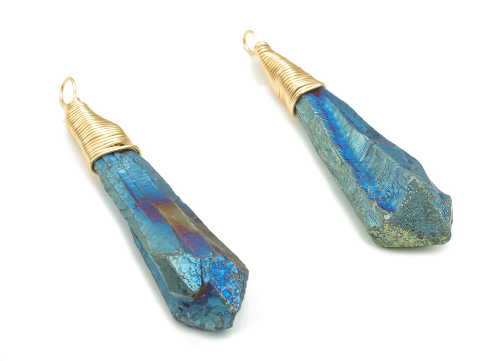 Blue Aura Quartz Stone Earring Charms - Brass Wire Wrapped Stone Pendant - Natural Stone - Gold Tone Plated Brass – 58.76x11.9x11.9mm–NS1650 - DOMEDBAZAAR
