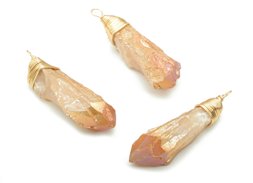 Aura Quartz Natural Stone Earring Charms - Brass Wire Wrapped Stone Pendant - Gold Tone Plated Brass – 51.86x17.36x13.01mm – NS1648 - DOMEDBAZAAR