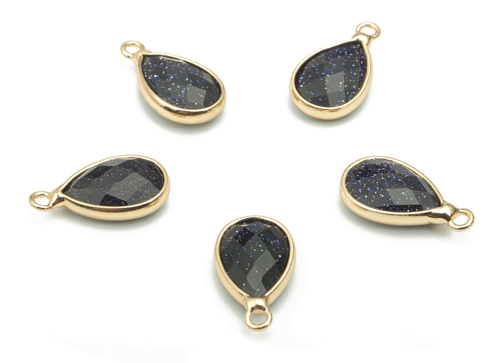 Blue Goldstone Faceted Natural Stone Teardrop Earring Charms - Brass Drop Pendant - Gold Tone Plated Brass – 16.54x9.26x4.3mm – NS1660A - DOMEDBAZAAR