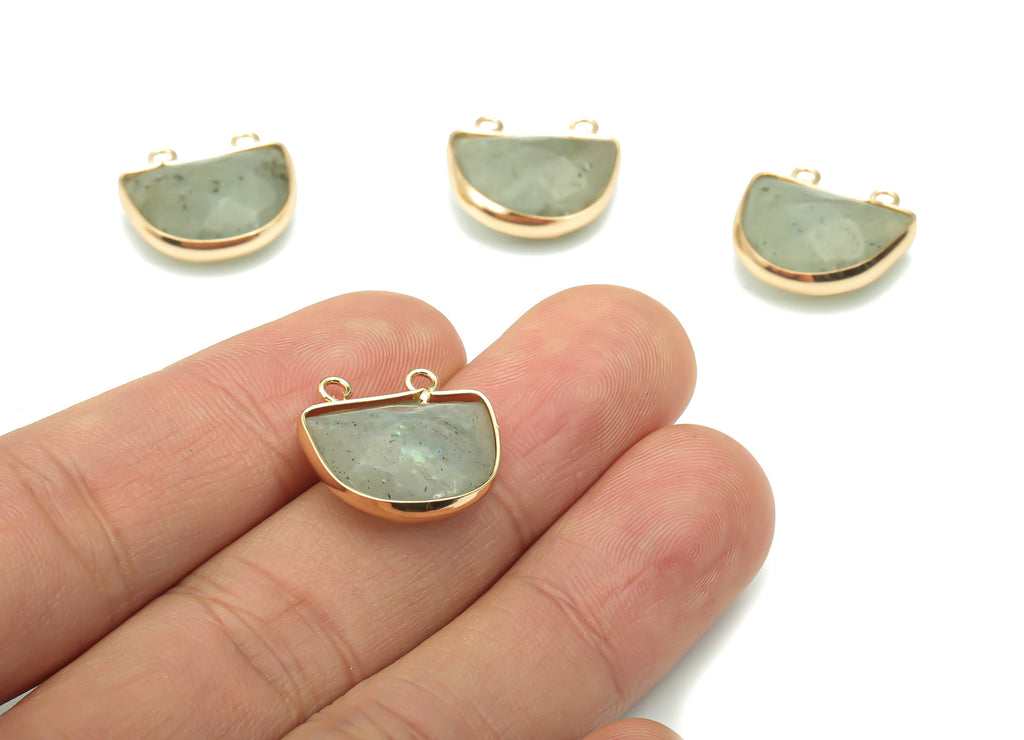 Labradorite Natural Stone Domed Earring Connectors - Brass Semicircle Pendant - Gold Tone Plated Brass – 17.1x17.53x6.29mm – NS1658C - DOMEDBAZAAR