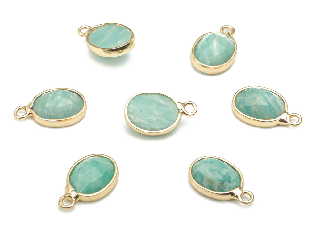 Amazonite Faceted Natural Stone Oval Charms - Brass Oval Pendant - Gold Tone Plated Brass – Jewelry Supplies - 14.36x8.85x4.39mm – NS1663 - DOMEDBAZAAR