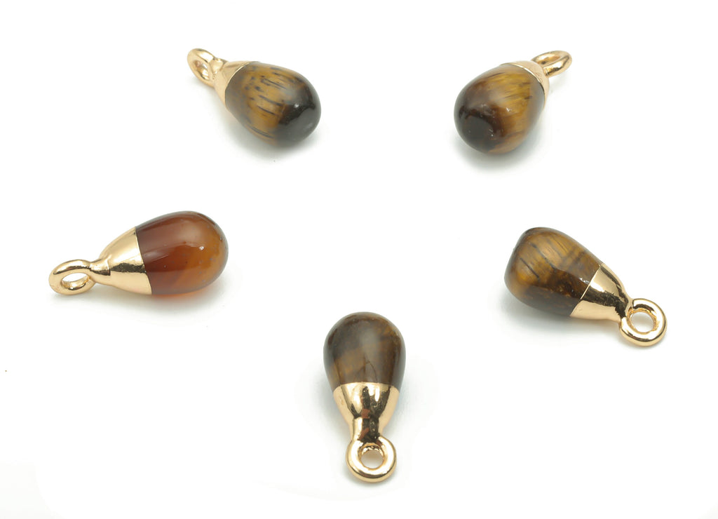 Tiger eye Natural Stone Drop Earring Charms - Brass Beads Pendant - Gold Tone Plated Brass – Jewelry Supplies - 14.06x6.39x6.36mm – NS1645F - DOMEDBAZAAR